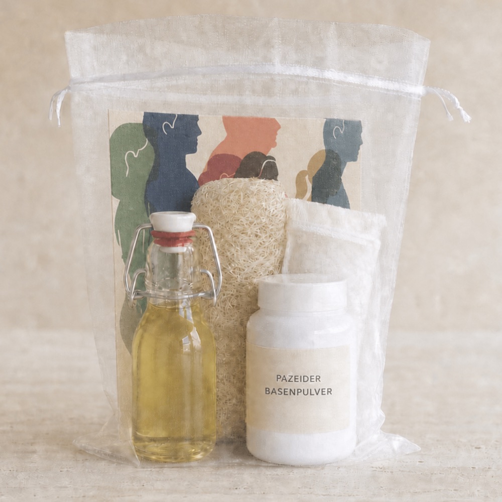 Das Pazeider DarmBalanceSet im durchscheinenden Beutel: Flasche mit Mundziehöl, Dose Basenpulver, Luffaschwamm, ein Beutel Bittersalz und die Anleitung